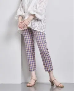 united arrows シャイニー ギンガムチェック スリムパンツ