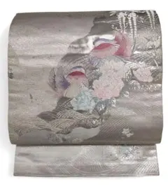 【未使用】名古屋帯 銀箔 オシドリ 四季の花々 水紋　縁起柄 華やか　夫婦円満