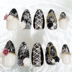 ゴスロリ　地雷系　【オーダーネイルチップ】　レースアップ　コルセット風　薔薇