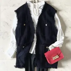 極美品♪アダワス ツイードニットベスト ネイビー 紺 ジレ 洗える ノーカラー