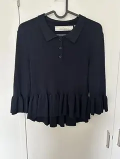 GU ×rokhネイビー 五分袖ポロシャツ フリル裾