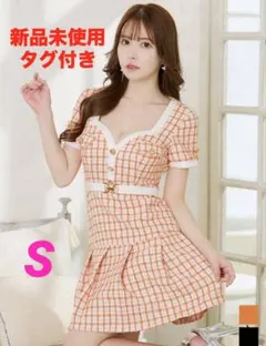 新品未使用タグ付き オレンジ チェックツイードプリーツスカートドレス
