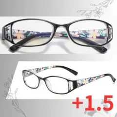 老眼鏡　花柄　シニアグラス　おしゃれ＆ブルーライトカット　＋1.5 ブラック