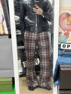 USED チェックパンツ フレアパンツ 赤白 ボルドー