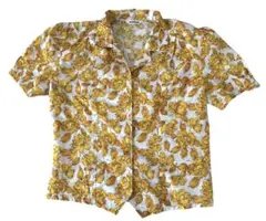 NARUDAN 日本製 花柄 半袖シャツ パワーショルダー パフスリーブ 黄