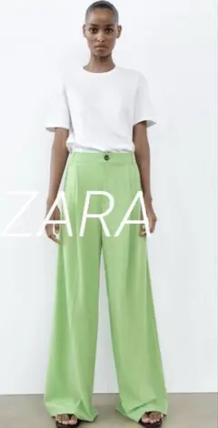 新品　ZARA ワイド　タック　パンツ　S ライトグリーン