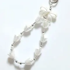 ホワイトリボンと花のチャーム　白・シルバー