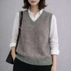 ビームスボーイ［F］上品クール◎シックなトライカラー◎Vネックウールニットベスト