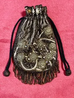 総ビーズフリンジ巾着ショルダーバッグ　ヴィンテージ オールド　パーティ　結婚式