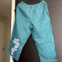 ターコイズ 花柄刺繍 手作りパンツ　ウェスト85cm