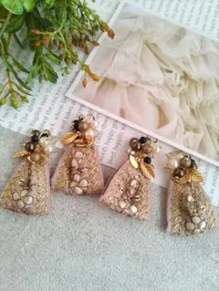60★2ペア4個オリジナルチャーム、コネクター、インド刺繍リボン、ビーズ、リーフ