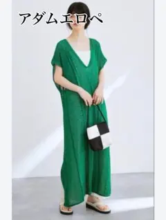 美品♪アダムエロペ クロシェマキシワンピース レイヤード L相当 グリーン