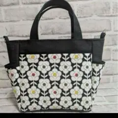 ハンドメイド　ポケット多数トートバッグチェーンフラワーカメリア柄＆デニム