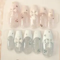 現品　フラッシュネイル　フレンチネイル　クロス　ピンク　水色　クロム　ビジュー