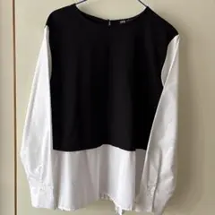 ZARA 黒白プリーツ長袖トップス L