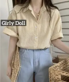 は*ち様 k0510 Girly Doll ストライプ半袖シャツ　イエロー　韓国のサムネイル