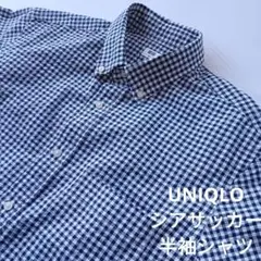 UNIQLO 半袖シャツ チェック柄 シアサッカー ボタンダウン ネイビーのサムネイル