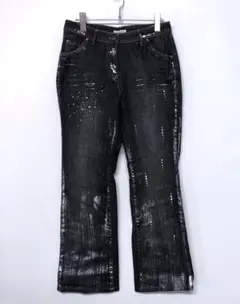 PINORE 00sレトロ古着 ペイント ラインストーン フレア ブラックデニム