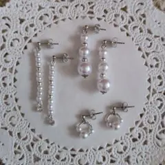 ☆113☆ハンドメイド パール風 シルバー ピアスまとめ売り【お得な3点セット】