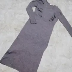 美品✨肩フリル Vネック ニットワンピース ロング グレー 大人可愛い　リブ編み
