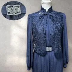 ヴィンテージ　セットアップ　レースボレロ×ワンピース　　ネイビー　プリーツ　花柄