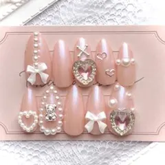 オーダー可　量産型　ネイルチップ　ピンク　リボン　ハート　プリキュア風　魔法少女