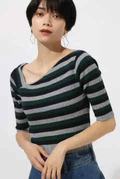 AZUL BY MOUSSY アシンメトリー ネック リブニット 五分袖