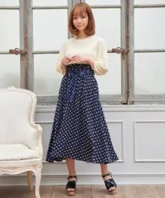 MAJESTIC LEGON　リボン付ドットスカート　ネイビー柄　紺色　水玉