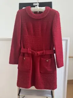 ツイード ミニワンピース 赤 ベルト付き 長袖 ポケット付き M