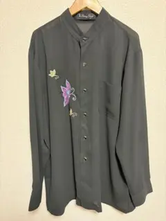 古着 蝶刺繍 シースルー シャツ ブラック L