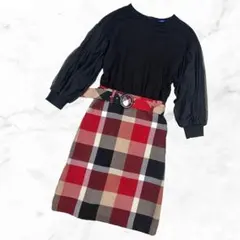 ブルーレーベル クレストブリッジ 38 チェック切替ワンピース 黒 赤 シアー袖