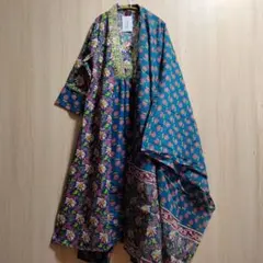 ★秋冬クルタ★インド民族衣装 総花柄のアナルカリクルタセット【53A-28】 インド民族衣装 ホワイト×ブルーの総花柄アナルカリクルタセット