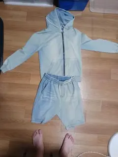 デニム風 スウェット セットアップ パーカー ショートパンツ