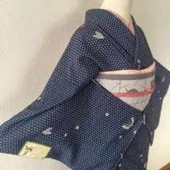 紺系　小花・桜・蝶々模様　小紋　袷　洗える　化繊　タグ・しつけ糸付き