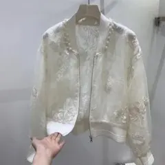 刺繍レース ジップアップ ブルゾン ホワイトのサムネイル
