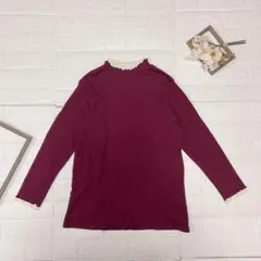 ハイネック 長袖トップス フリル ワインレッド LL 綿100% タグ付き