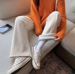 裏起毛 ワイドパンツ ホワイト フリーサイズ 極暖 高品質 厚手 冬用 裏ボア