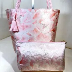 733帯リメイクバッグポーチセットオフホワイトに埋め尽くす牡丹