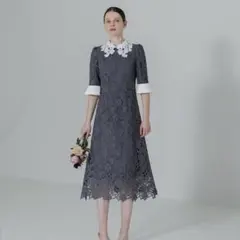 LEJA 花柄レースカラースパンコールAラインワンピースドレス　刺繍