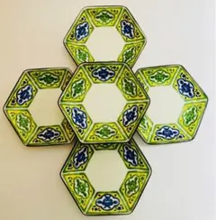 B 有田焼　和光園　六角皿 小皿　豆皿 青/緑/黄 5枚セットのサムネイル