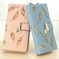 レディース ラウンドファスナー  長財布お洒落葉柄  新品送料無料 ブルー