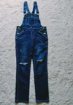 オーバーオール 　デニム　サロペット　バックリボン　ストレッチ　ダメージ加工