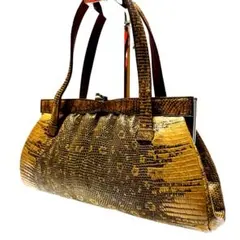 美品 ハンドバッグ トートバッグ バッグ がま口 蛇皮 レザー ブラウン