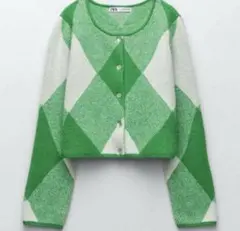 ZARA ニットカーディガン チェック柄グリーン