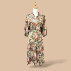 ユーロ古着花柄シアーロングワンピースドルマンスリーブ90sビンテージ昭和レトロ緑