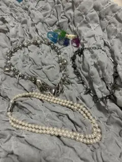 スパイキー　パンク　シルバーネックレス　パールネックレスセット