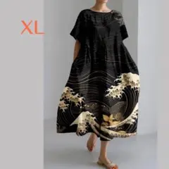 着物 和柄 ロングワンピース ゆったりチュニック 半袖 ロングスカート XLのサムネイル