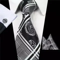 【3点セット】ペイズリー柄ネクタイセット ポケットチーフ カフス 白黒