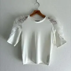 ZARA 肩チュール付き 五部袖リブTシャツ M ホワイト　新品未使用