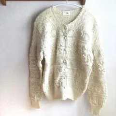 【美品】生成り アイボリーレース編みニット カーディガン　Mサイズ　毛100%